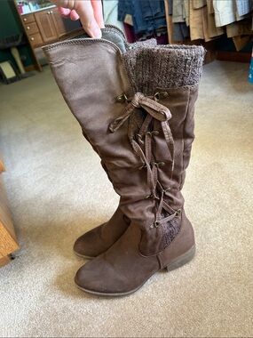 Women's Brown Lace-Up Knit-Top Knee High Boots